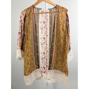 Rewind Womens XS Mustard Floral Paisley Crochet Lace Trim Kimono Cardigan Wrap